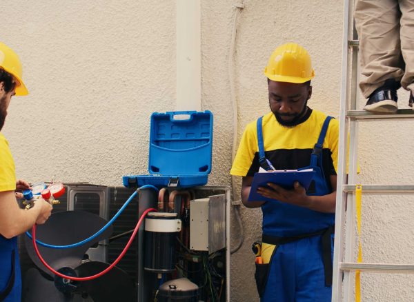 Team working with manometers Capable electrician team working with manometers to check air conditioner freon levels, writing result on clipboard. Seasoned wiremen using barometer benchmarking condenser tool